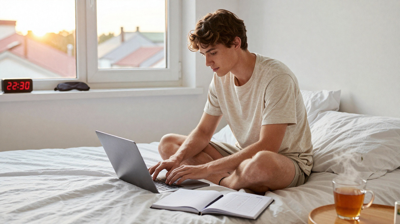 Jovem sentado na cama a usar computador portátil, com caderno aberto e chá numa mesa ao lado.