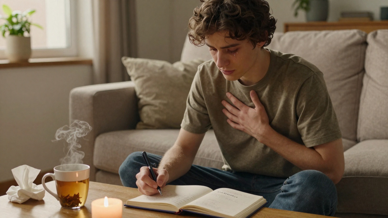 Jovem sentado no chão a escrever num caderno, com mão no peito, chá quente e vela acesa na mesa.