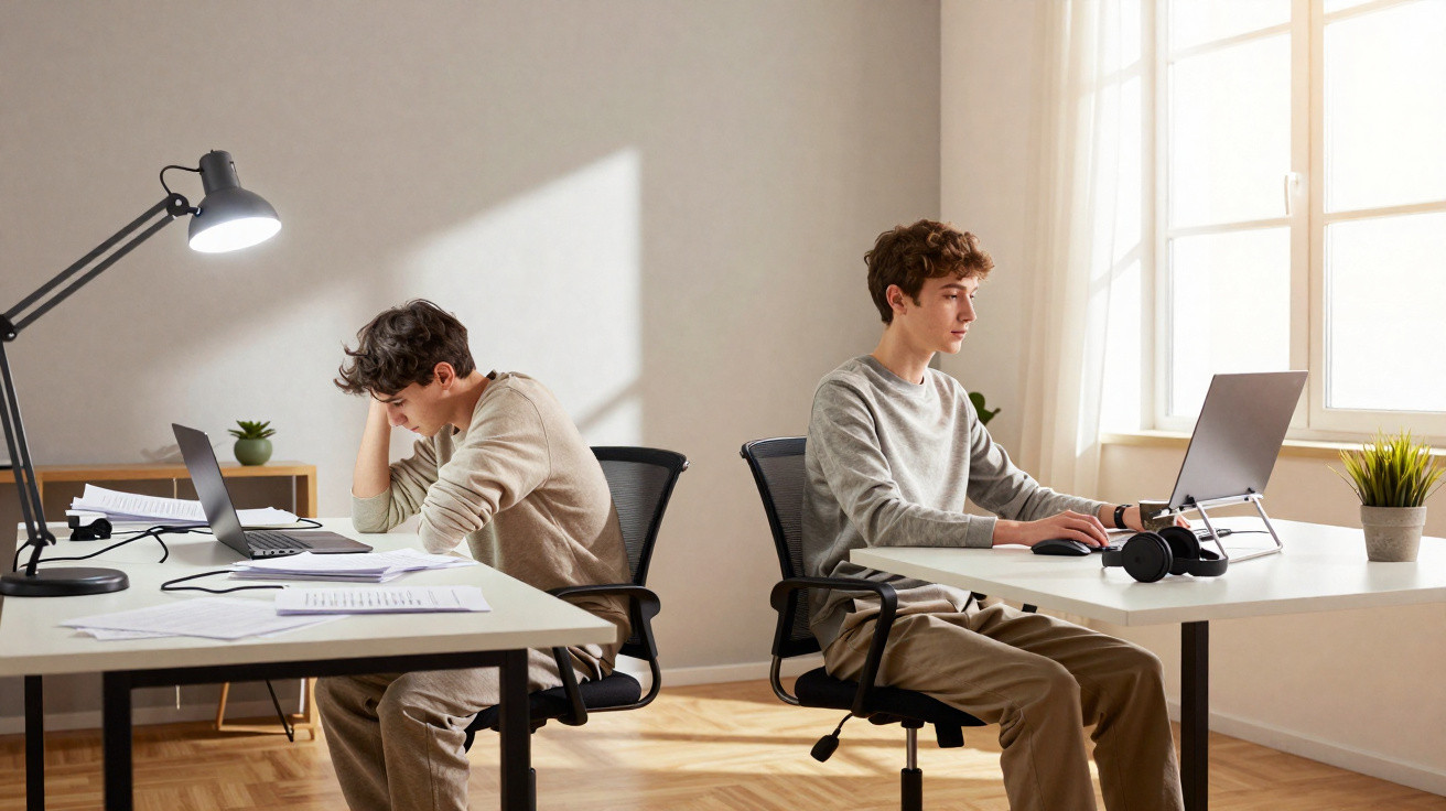 Dois jovens sentados em secretárias opostas a trabalhar em computadores portáteis num escritório iluminado pela luz natural.
