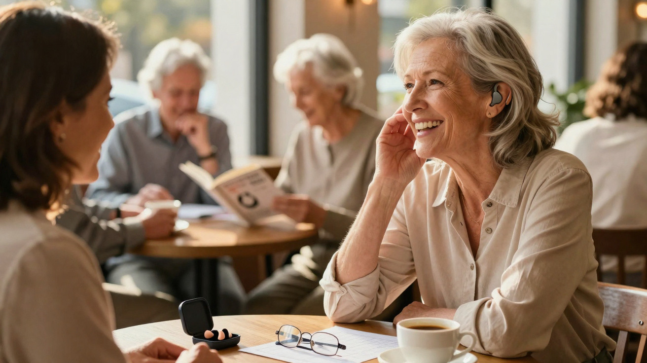 Duas mulheres a conversar num café, uma delas a usar aparelho auditivo, com outras duas pessoas ao fundo.