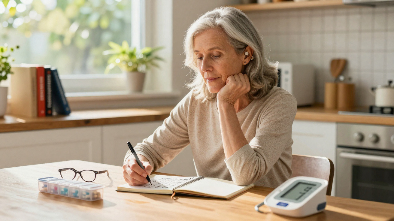 Mulher idosa sentada à mesa da cozinha, a escrever num caderno com medidor de pressão e óculos à sua frente.