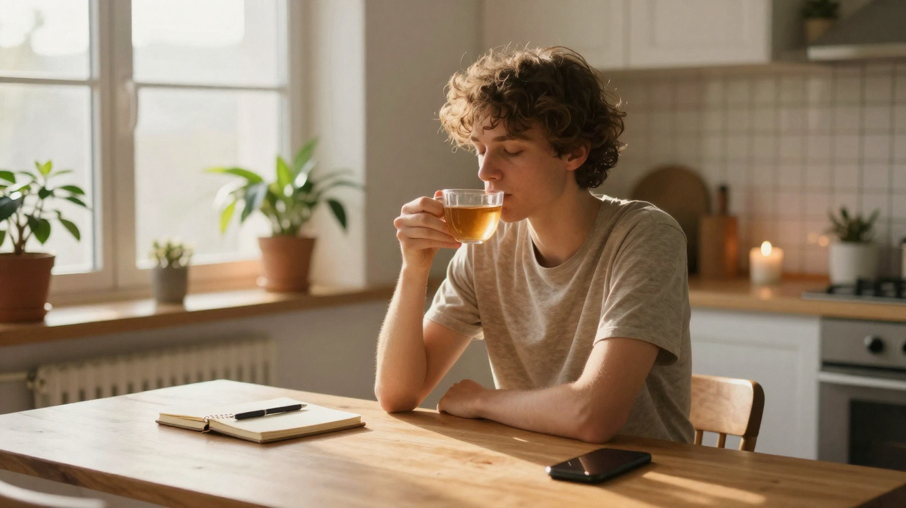 Jovem sentado à mesa na cozinha a beber chá, com caderno e telemóvel à sua frente.