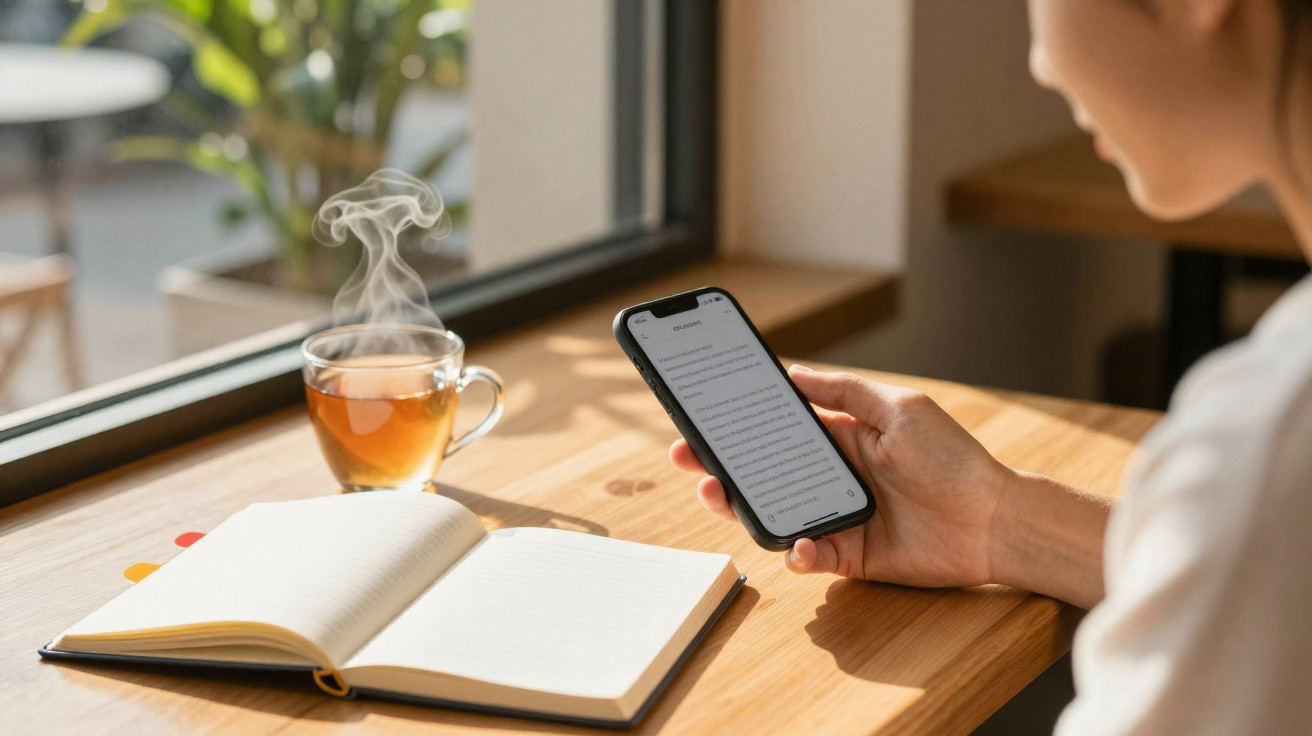 Pessoa a ler no telemóvel ao lado de chá quente e caderno aberto numa mesa de madeira junto a uma janela.