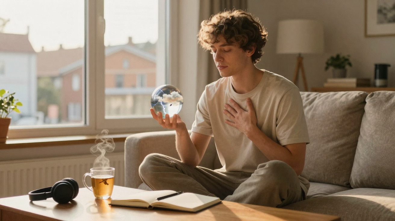 Jovem sentado no sofá a segurar uma esfera de vidro com modelo do planeta Terra, com chá e caderno à frente.