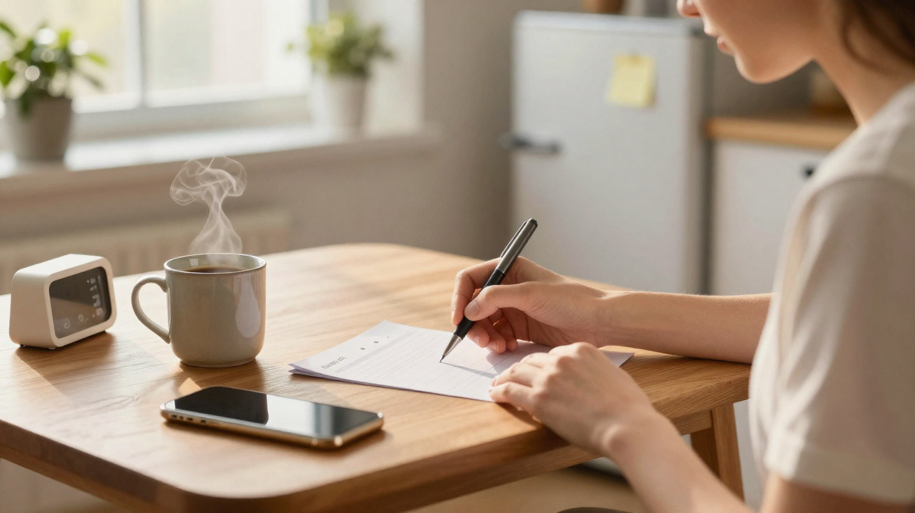 Pessoa a escrever num papel numa mesa com café quente, telemóvel e relógio digital.