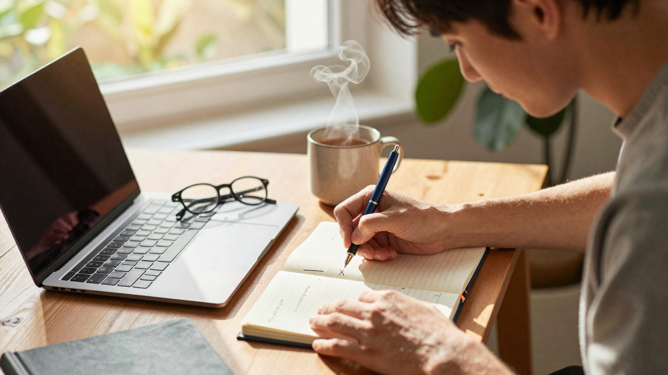 Pessoa a escrever num caderno com caneta, ao lado de portátil, óculos e chá quente num ambiente iluminado.