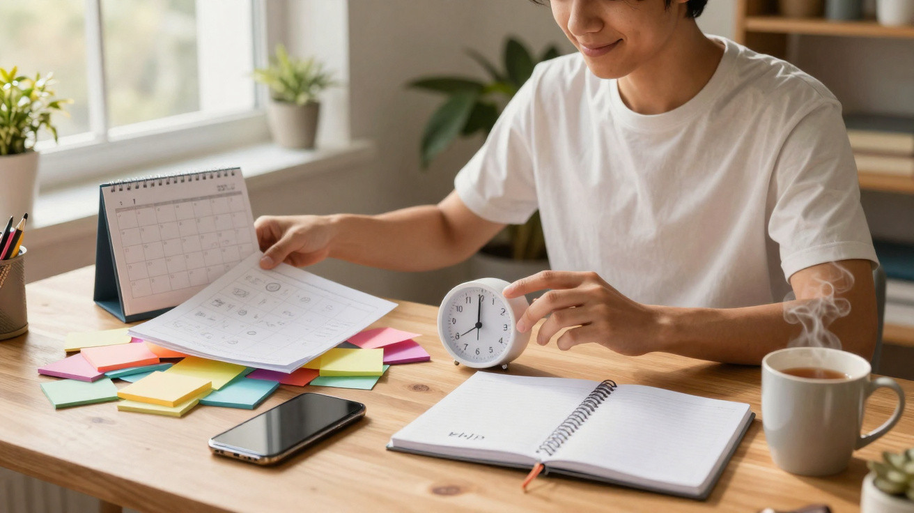 Jovem a organizar notas coloridas e calendário numa secretária com relógio, telemóvel e chá fumegante.
