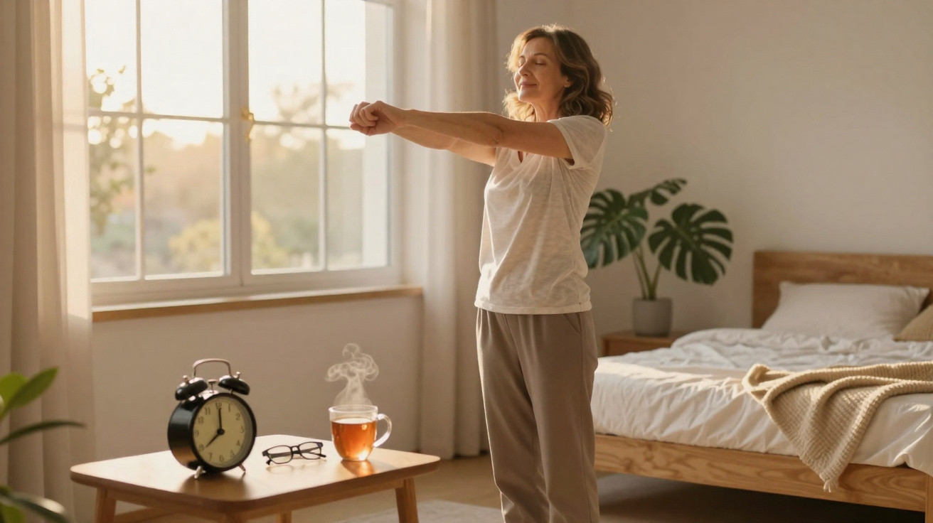 Mulher estica os braços numa manhã luminosa, em quarto com cama e mesa com chá quente e despertador.