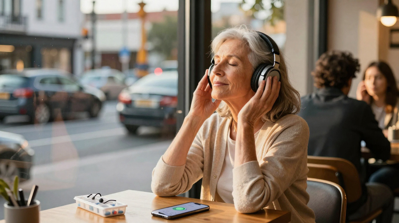 Mulher sénior a ouvir música com auscultadores, sentada numa mesa junto a uma janela numa cafetaria.