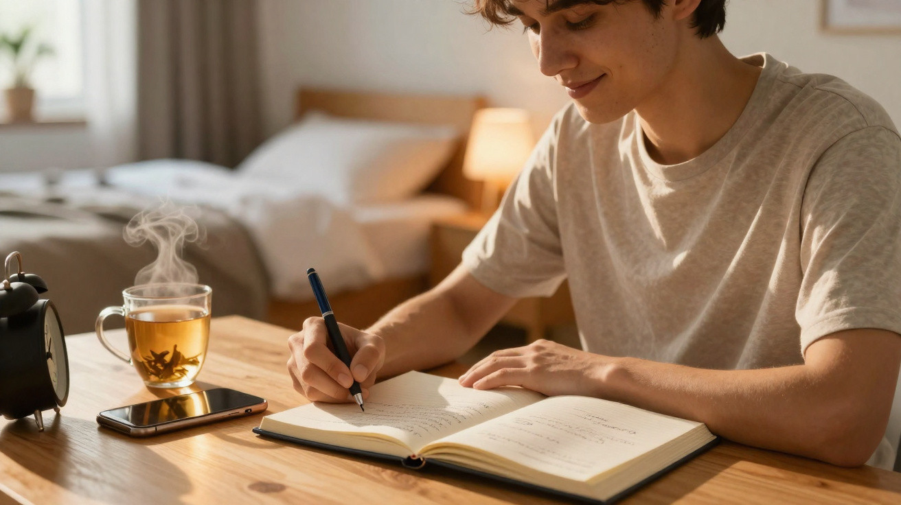 Pessoa jovem a escrever num caderno numa mesa de madeira, com chá quente e telemóvel ao lado num quarto iluminado.