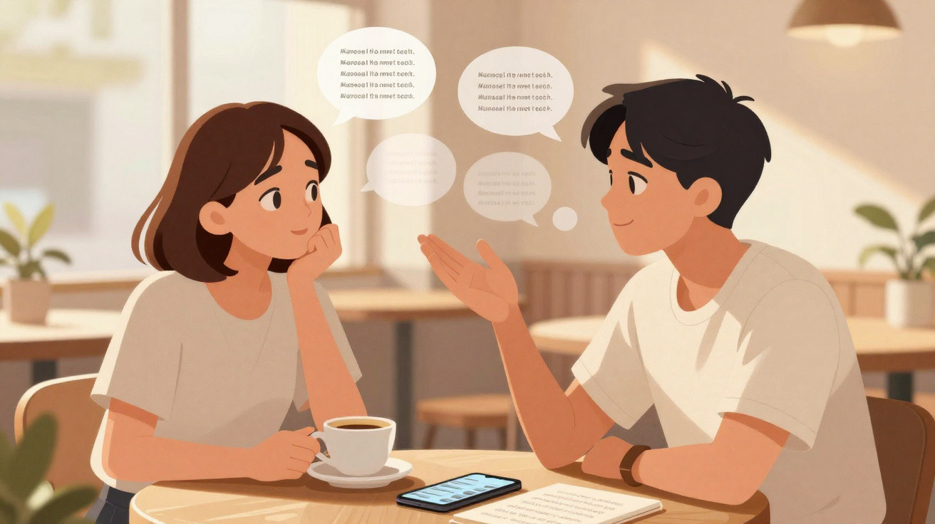 Dois jovens conversam animadamente num café, ela segura uma chávena de café e ele gesticula com a mão.