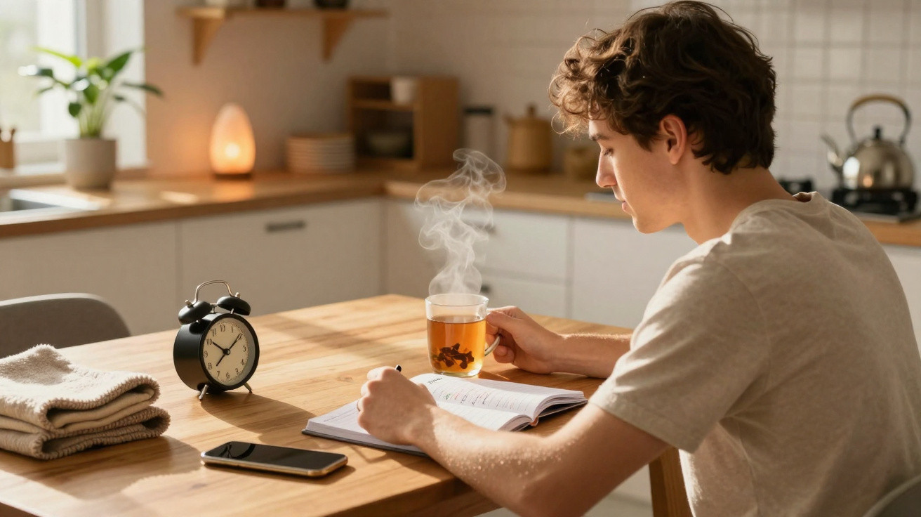 Jovem sentado à mesa da cozinha, a ler um livro e a beber chá quente num ambiente iluminado e acolhedor.