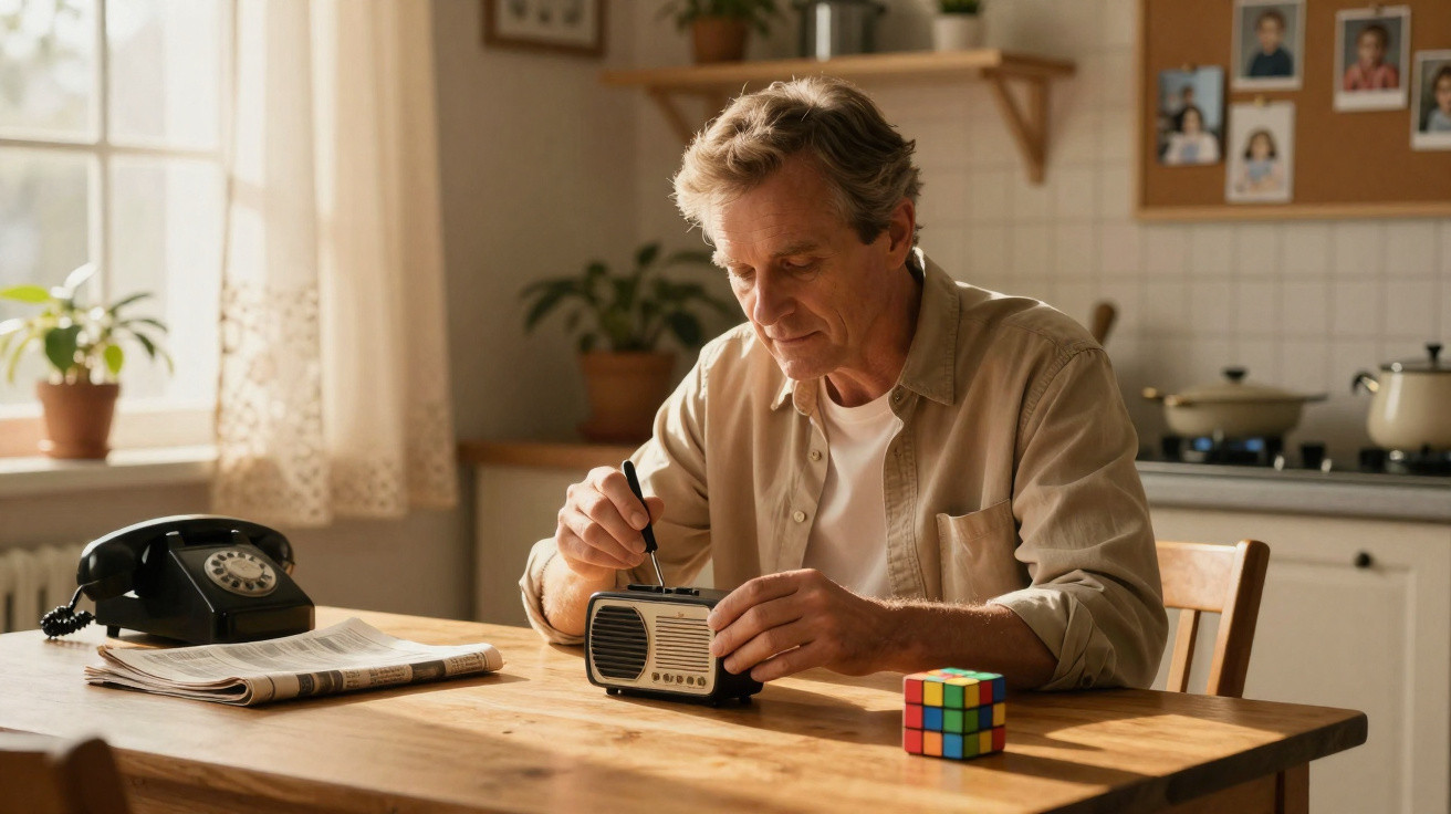 Homem adulto sentado à mesa a ajustar um rádio antigo com um cubo mágico e telefone à sua frente.