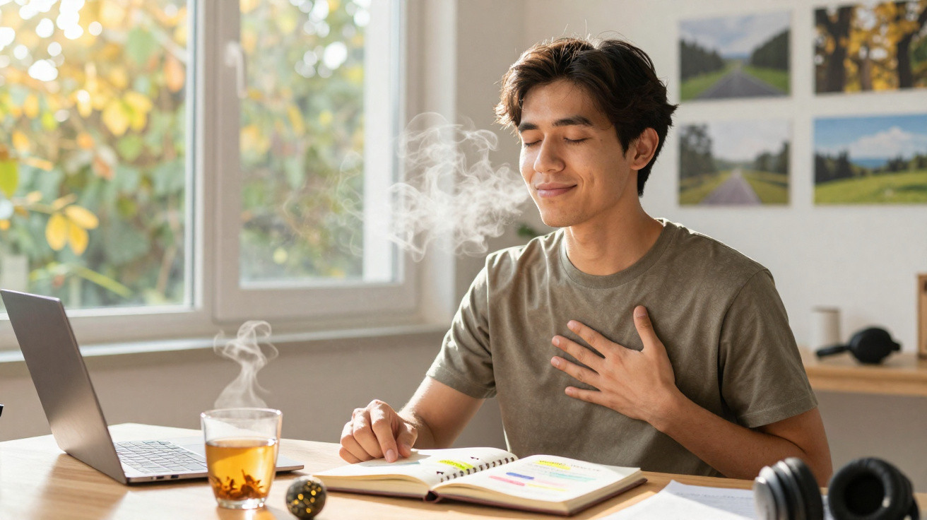 Jovem sentado a estudar com expressão de relaxamento, com chá quente e portátil numa mesa junto a uma janela iluminada.