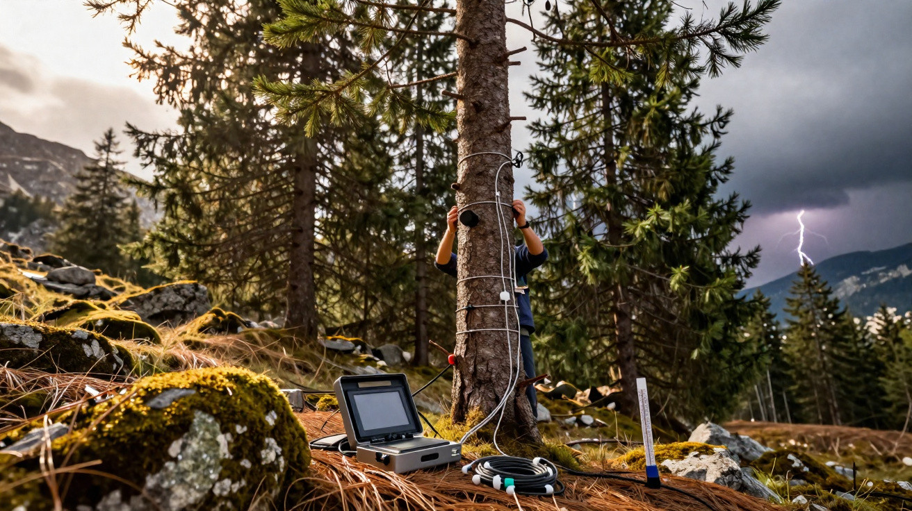 Técnico instala sensores num pinheiro numa floresta montanhosa enquanto relâmpago ilumina céu tempestuoso.
