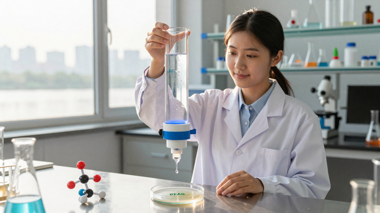 Mulher cientista em laboratório a realizar experimento com frasco e placa de Petri.