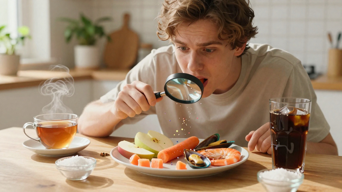 Homem com lupa examina alimentos variados num prato, incluindo cenoura, camarão e maçã, numa cozinha clara.