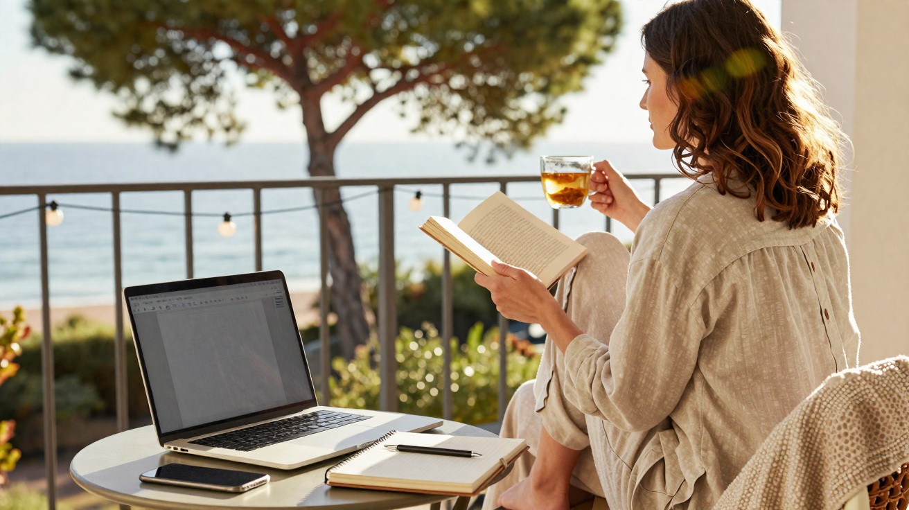 Mulher sentada numa varanda com vista para o mar, lendo um livro e bebendo chá, com computador e caderno na mesa.