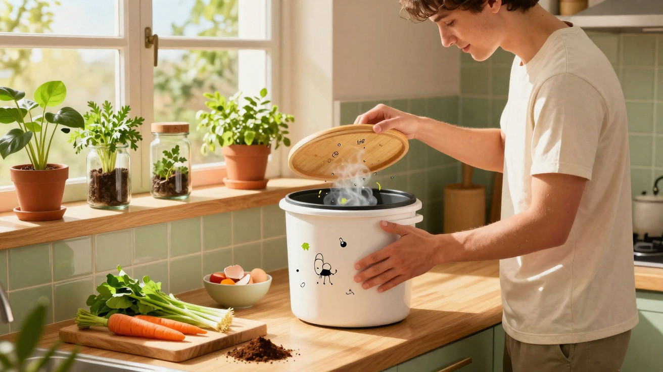 Jovem abre tampa de recipiente branco a vapor numa cozinha com legumes e ervas numa bancada.
