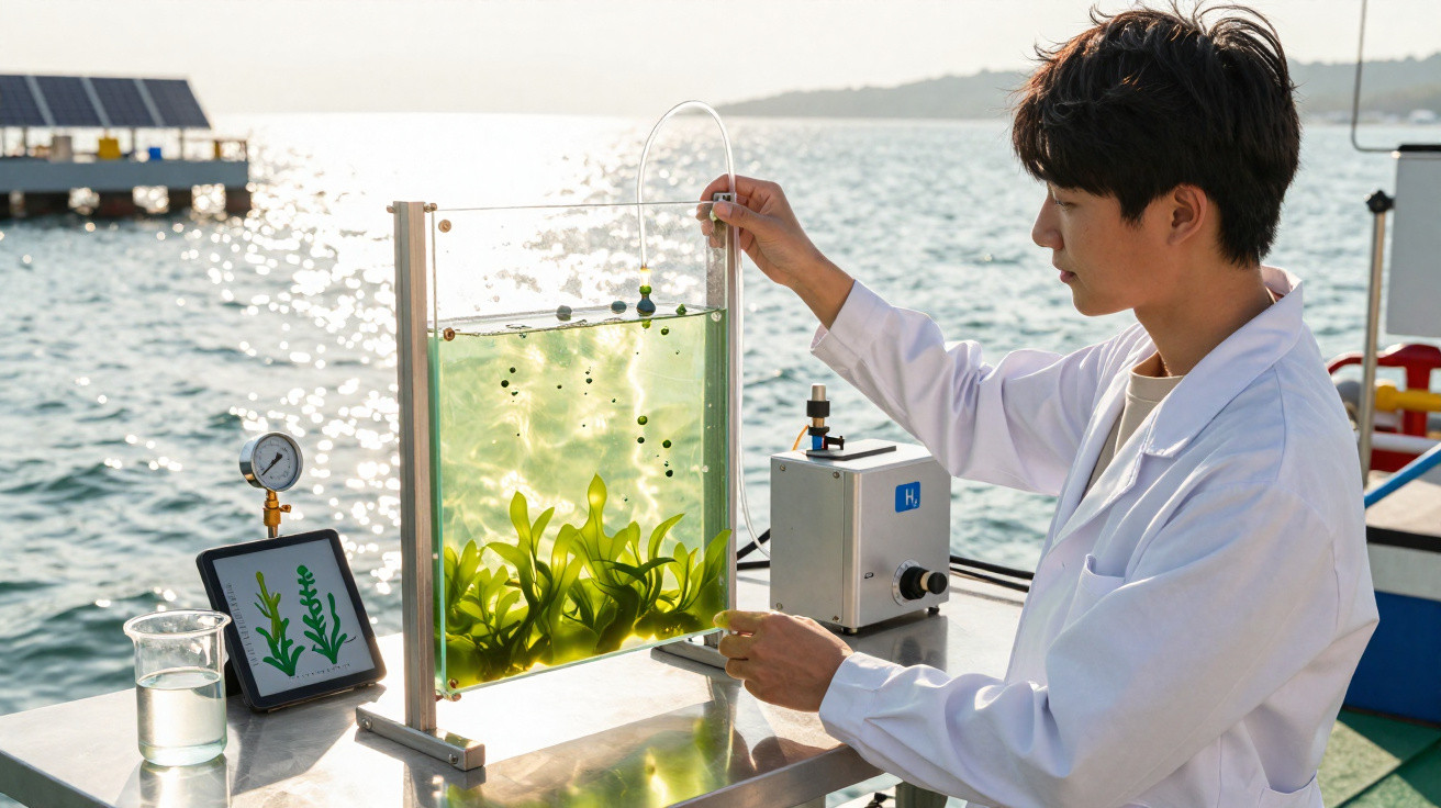 Cientista com bata branca manipula tanque com plantas aquáticas em laboratório ao ar livre junto ao mar.