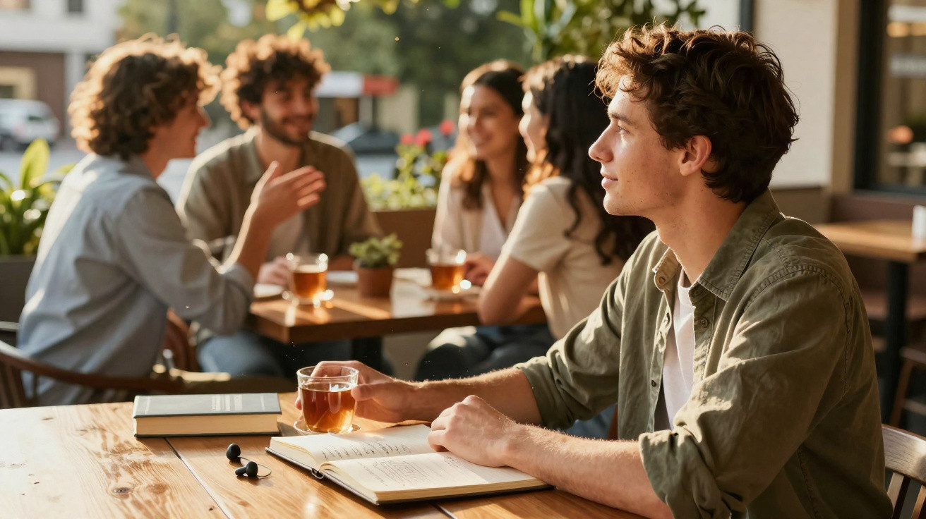 Jovem sentado sozinho com chá e livro aberto enquanto grupo conversa ao fundo num café.