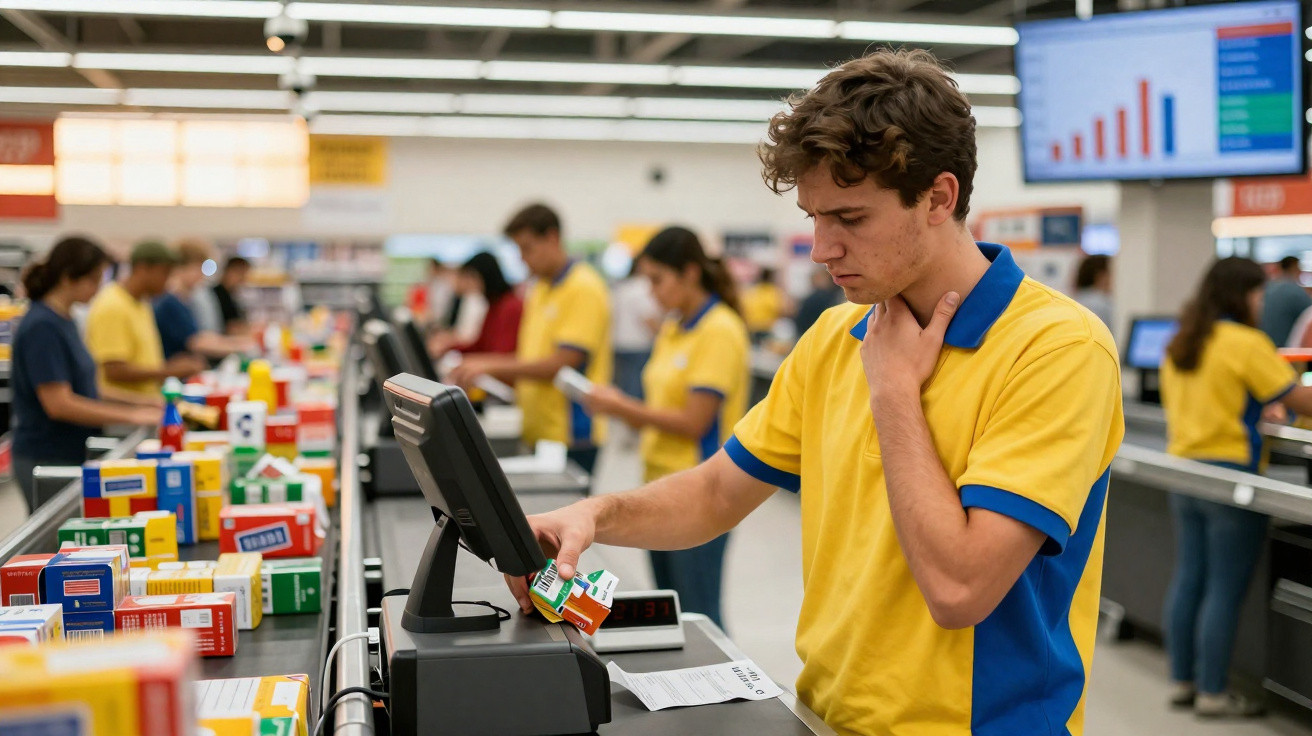 Jovem a trabalhar numa linha de produção com caixas de produtos coloridos e monitor à sua frente.