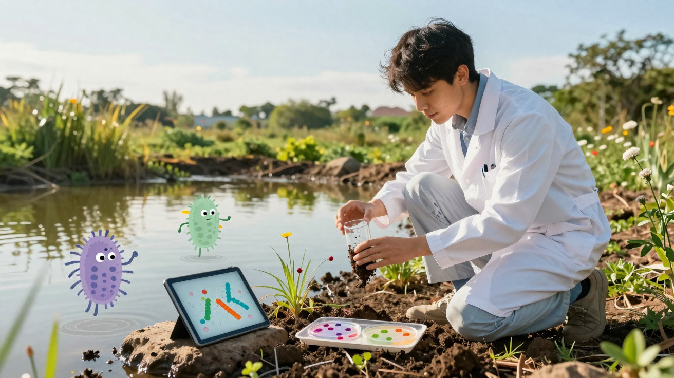 Jovem cientista coleta amostra de água num lago para análise microbiológica ao ar livre com tablete e equipamento.
