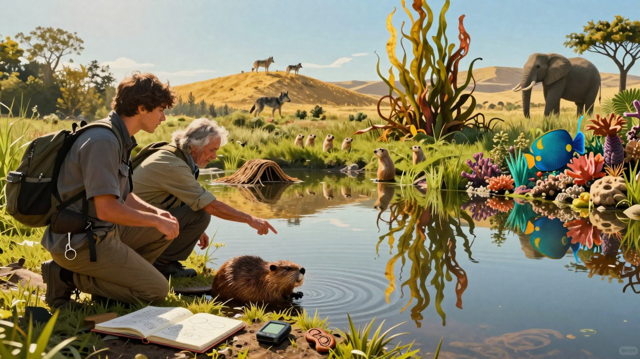 Dois homens observam e interagem com um castor junto a um lago, com vários animais e vegetação ao redor.