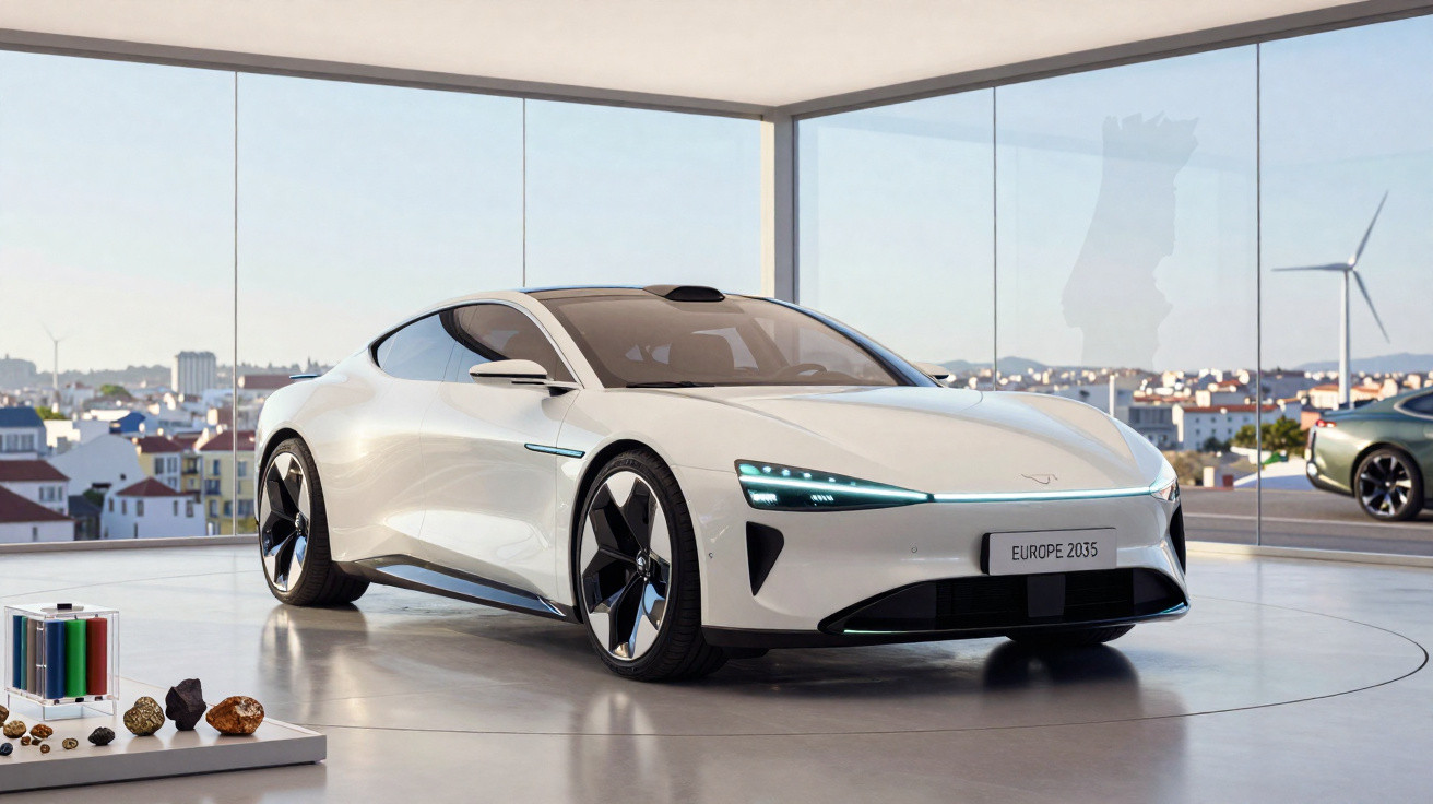 Carro elétrico desportivo branco em exposição numa sala moderna com vista para uma cidade.