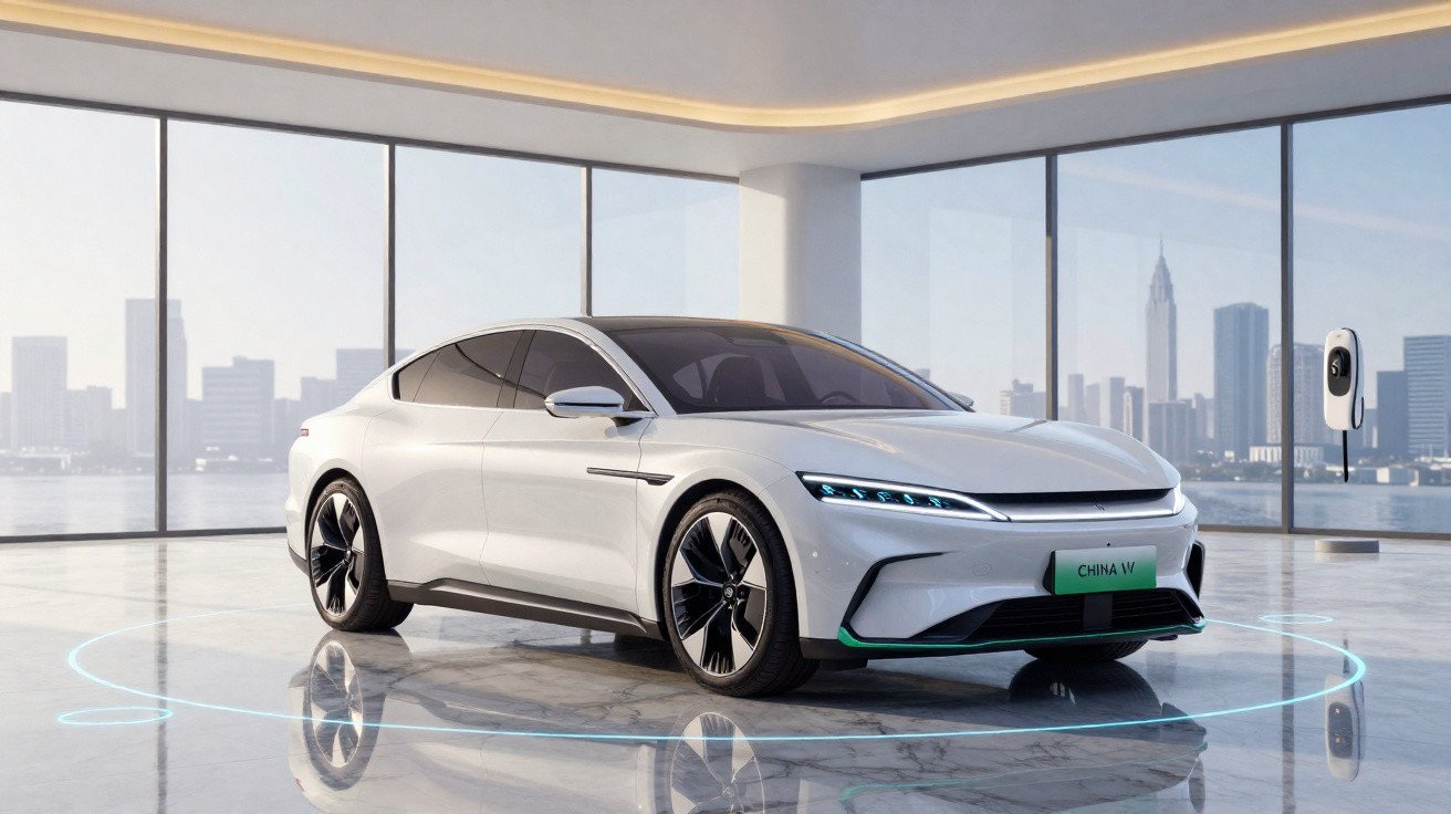 Carro elétrico branco futurista estacionado em showroom moderno com janelas amplas e vista para cidade.