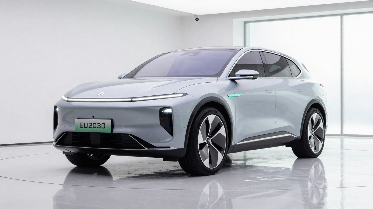 Carro elétrico moderno cinzento num espaço branco com luz natural e reflexo no chão brilhante.