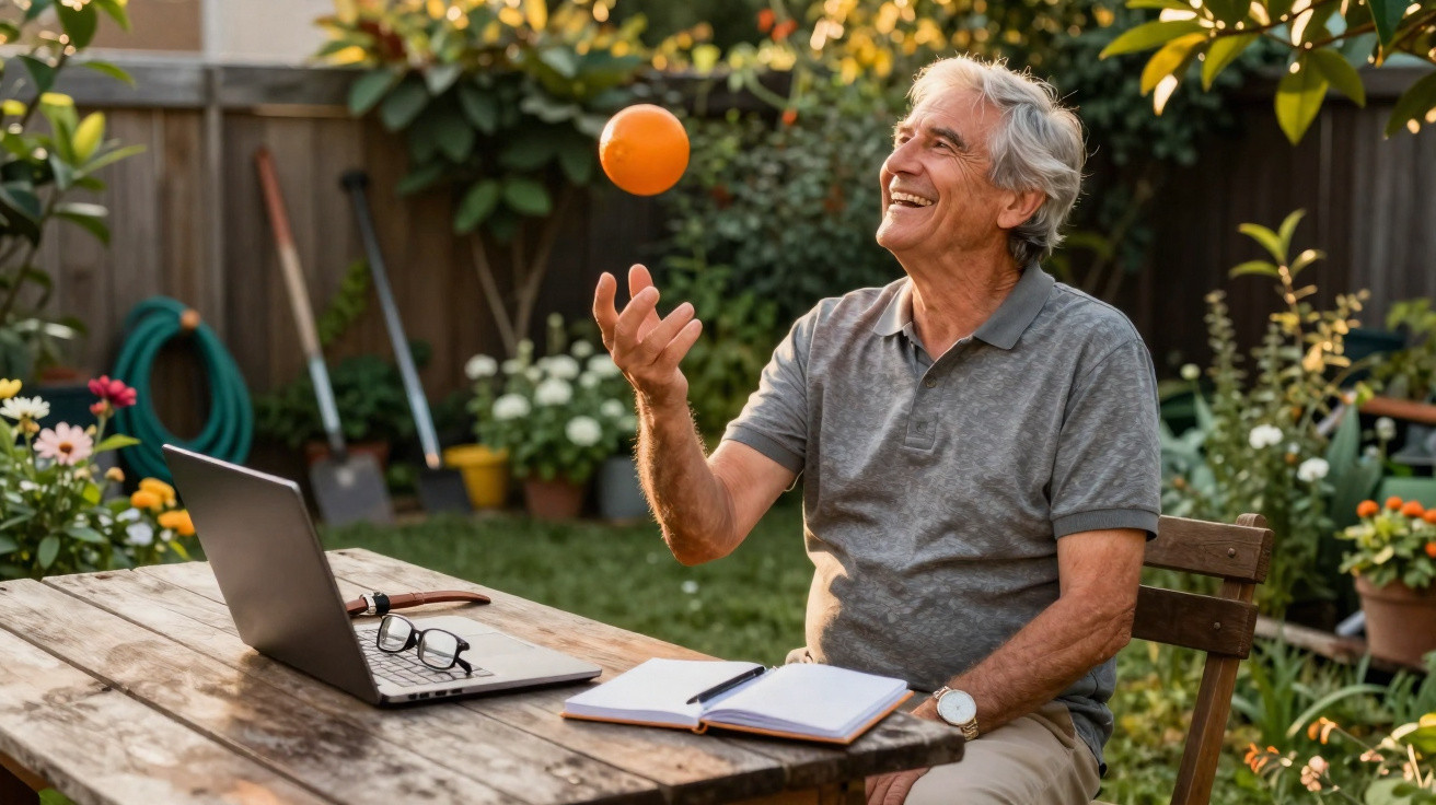 Homem idoso sentado no jardim com laptop, a sorrir enquanto lança uma laranja ao ar.