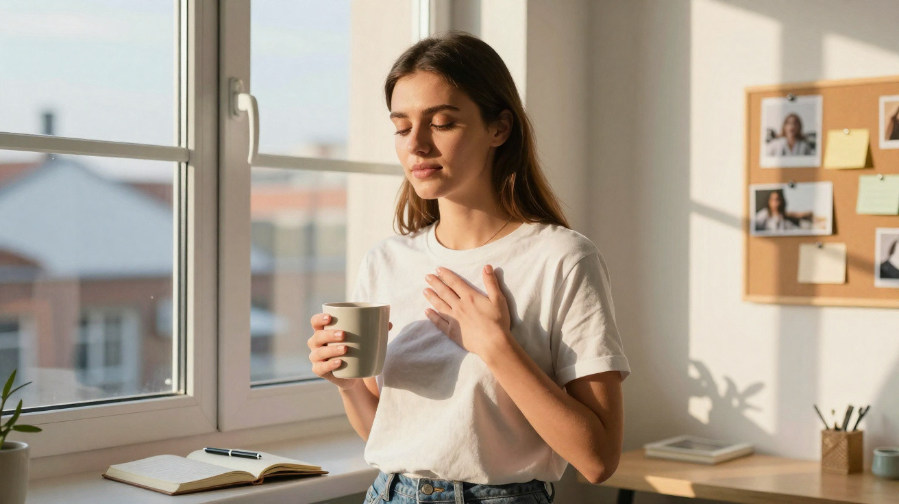 Mulher jovem segurando caneca, olhos fechados e mão no peito, numa sala iluminada pelo sol.