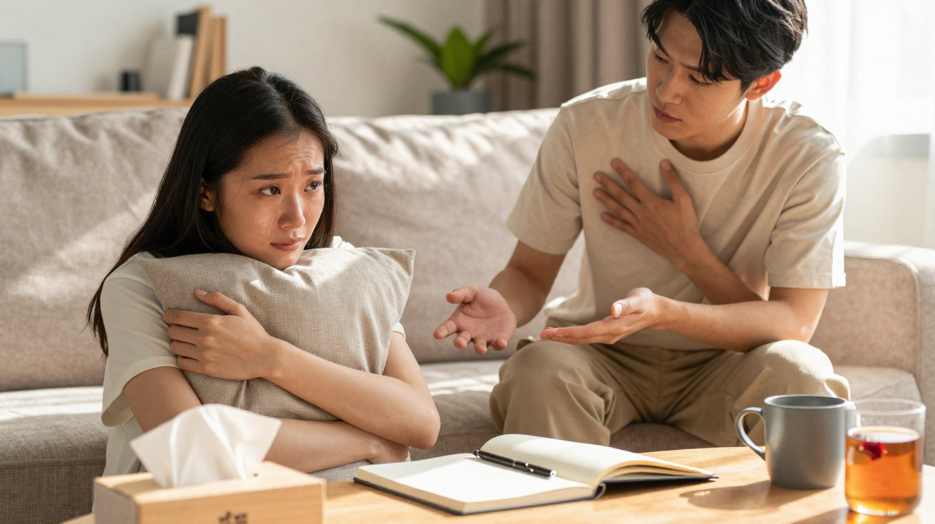 Casal sentado no sofá a discutir, mulher abraça almofada com expressão triste.