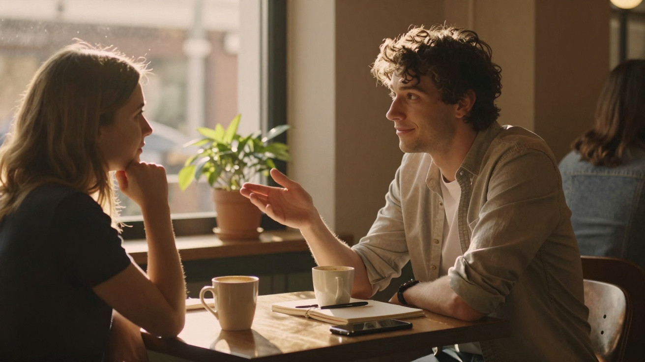 Duas pessoas a conversar numa cafetaria iluminada por luz natural, com chávenas e telemóvel na mesa.