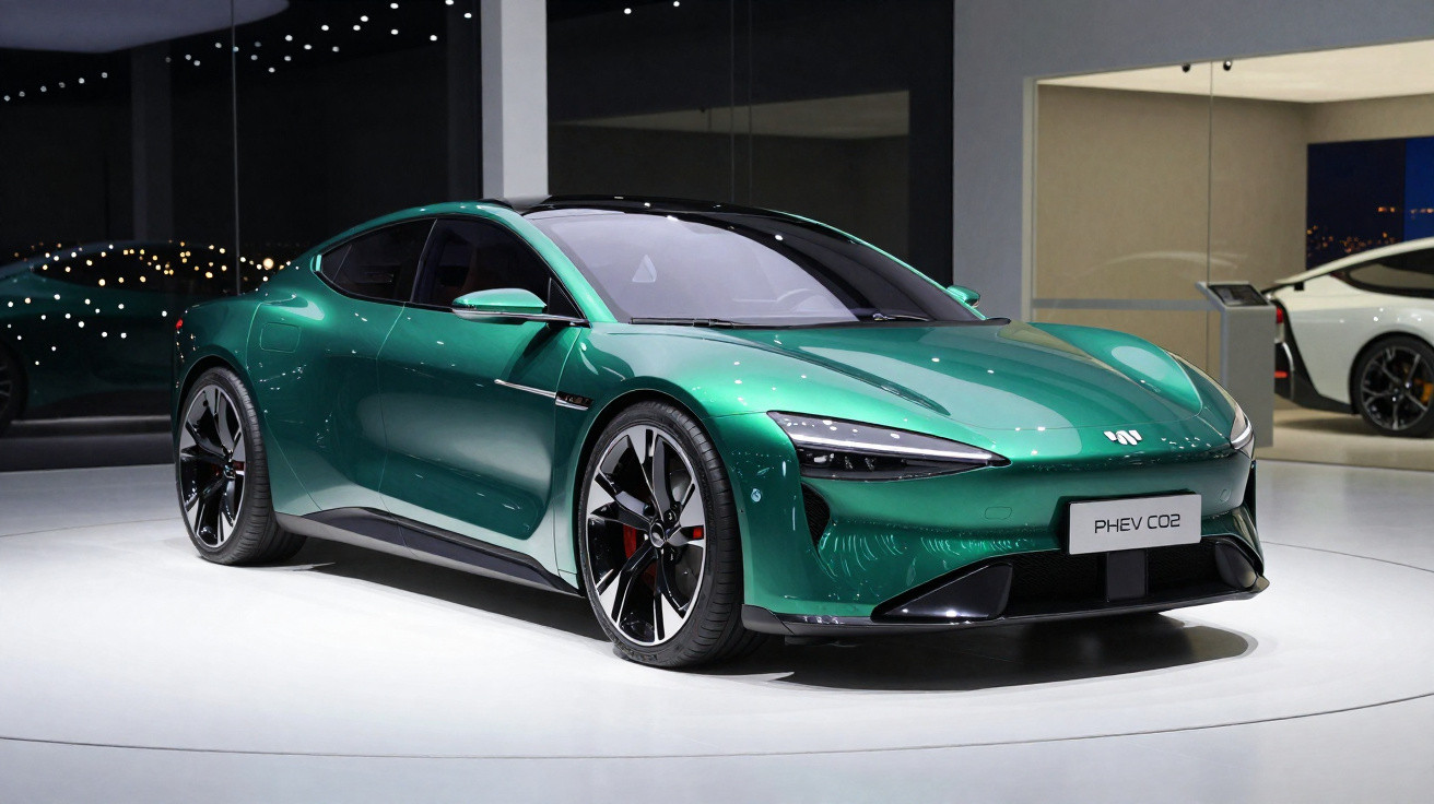 Carro desportivo elétrico verde metálico com design aerodinâmico exposto em stand moderno.