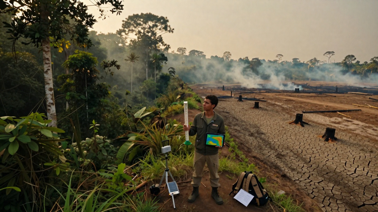 Homem com equipamentos de medição observa desmatamento e queimadas numa floresta tropical.