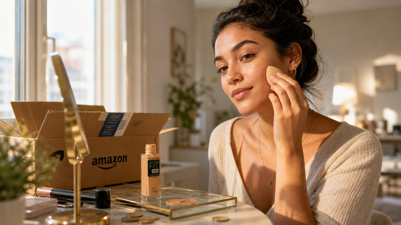 Mulher aplica base com esponja no rosto sentada à mesa com produtos de maquilhagem e caixa Amazon aberta.