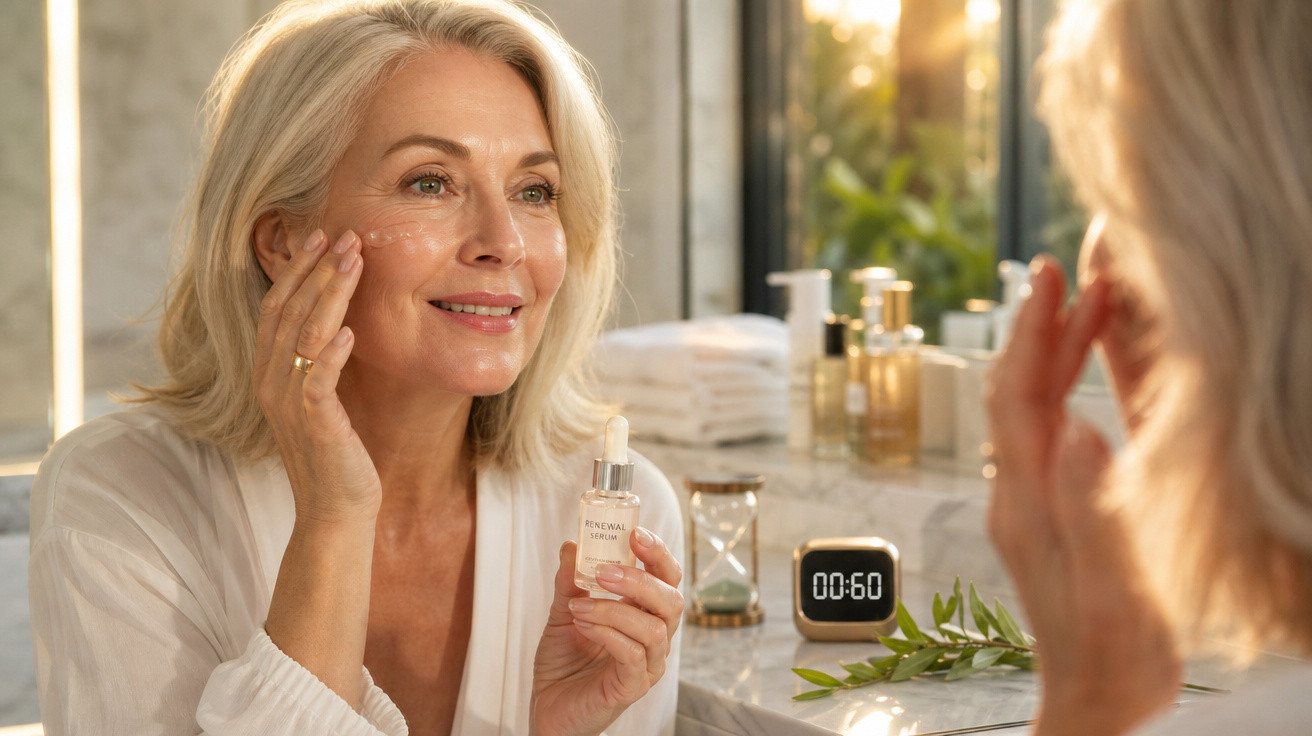 Mulher madura a aplicar sérum facial à frente de um espelho numa casa de banho luminosa.