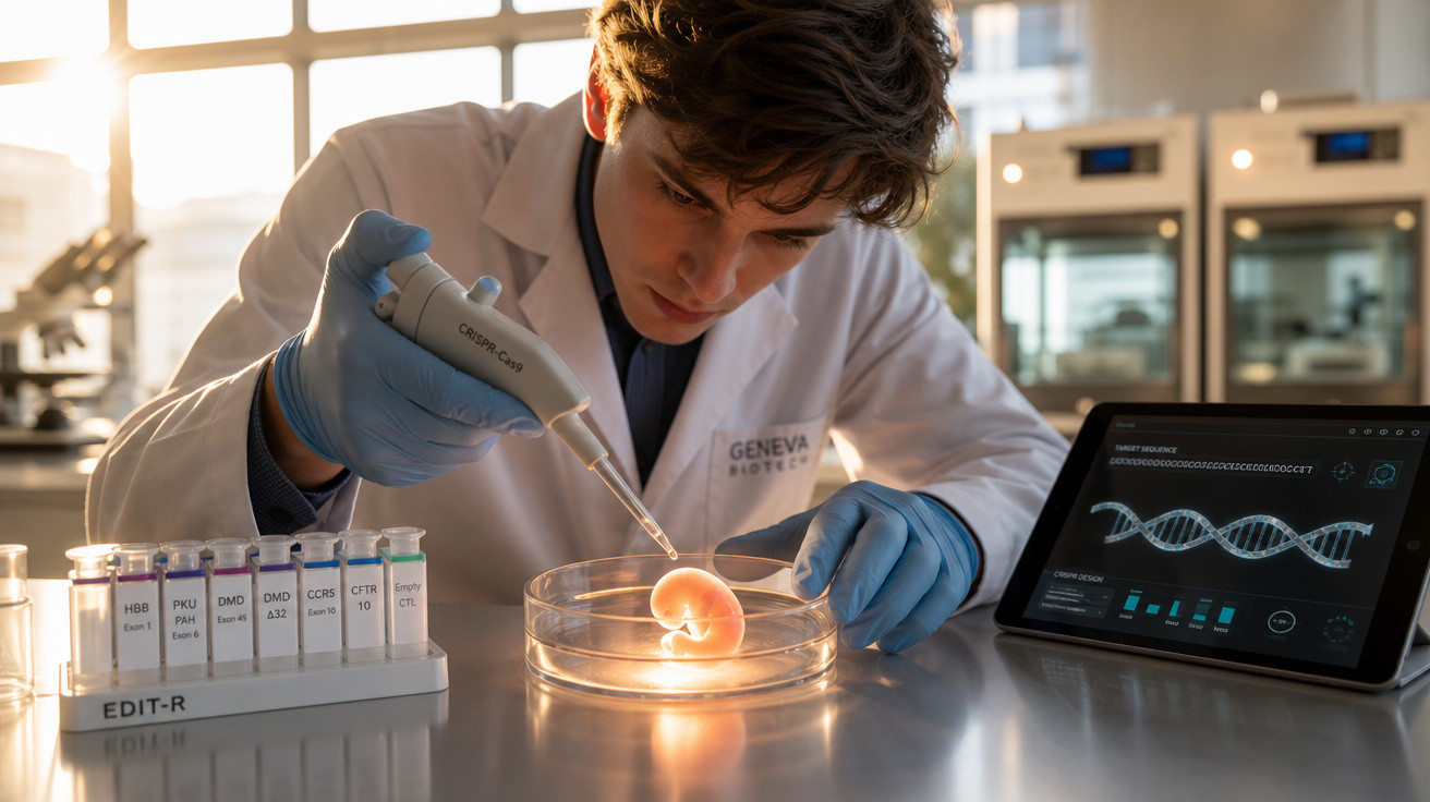 Cientista em laboratório manipula embrião com pipeta, com dados de ADN visíveis num tablet ao lado.