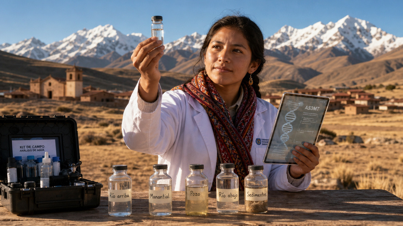 Mulher cientista com jaleco realiza análise de água em frascos, com montanhas nevadas ao fundo.