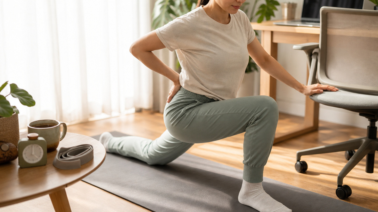 Pessoa a fazer alongamentos num tapete de yoga em casa, segurando numa cadeira para equilíbrio.