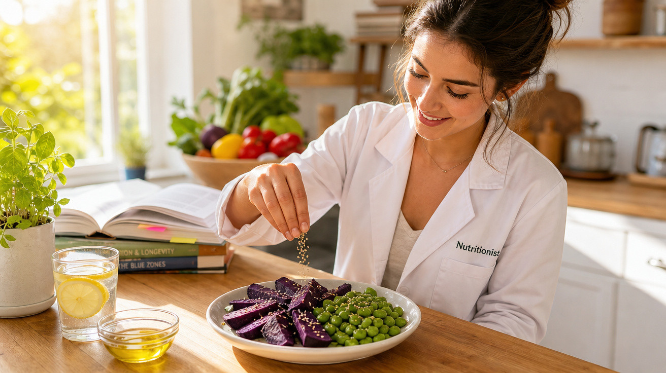 Nutricionista a temperar prato com legumes roxos e ervilhas numa cozinha luminosa.