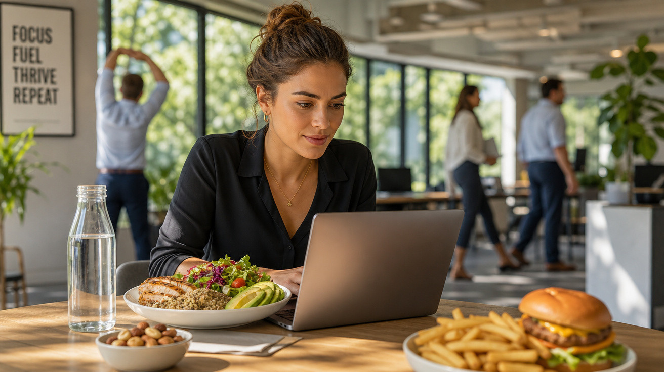Mulher a trabalhar num laptop num escritório com refeições saudáveis e fast food à sua frente.