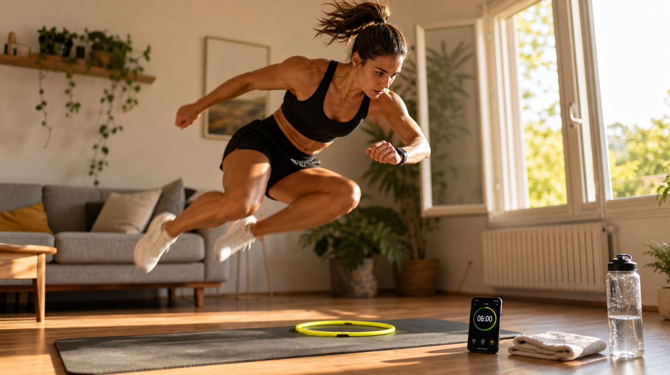 Mulher a fazer exercício de salto em casa, com roupa desportiva preta e tapete de treino.