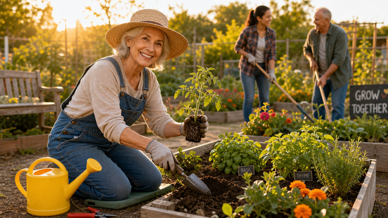 Mulher idosa a plantar legumes em jardim comunitário com casal a trabalhar ao fundo ao entardecer.