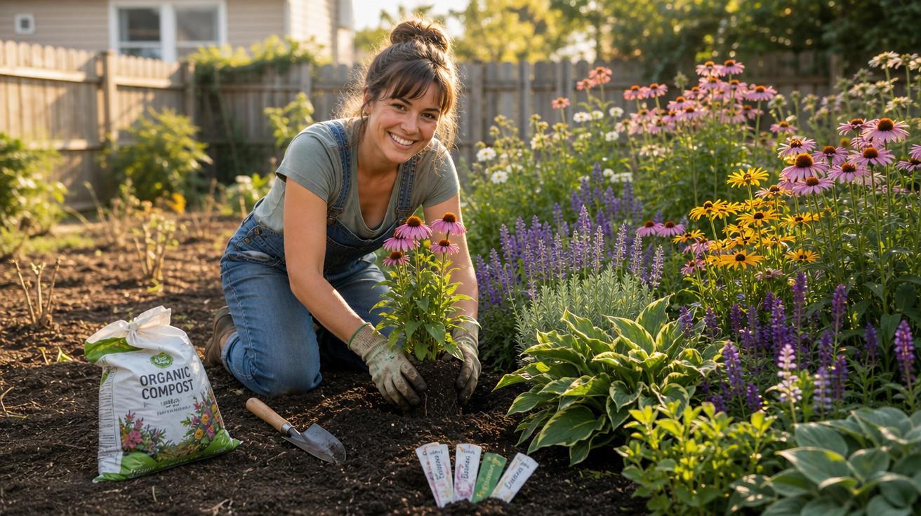 Mulher sorridente a plantar flores num jardim com saco de composto orgânico ao lado, em dia de sol.