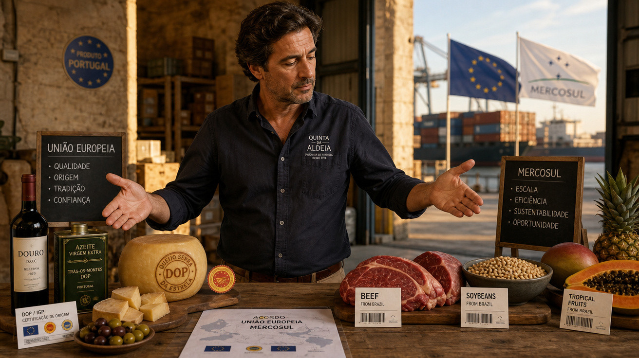 Homem apresenta produtos portugueses e brasileiros com quadros sobre União Europeia e Mercosul num cais portuário.