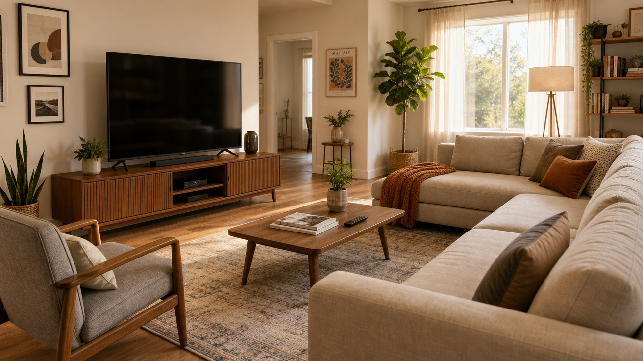Sala de estar moderna com sofá em L, poltrona, mesa de centro em madeira, televisão e plantas decorativas.