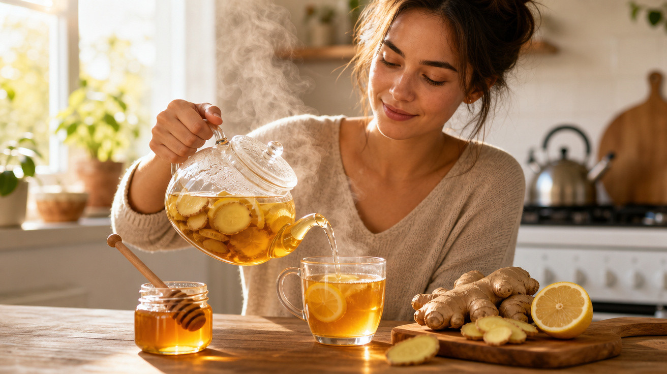 Mulher a servir chá de gengibre quente numa chávena transparente numa cozinha iluminada a luz natural.
